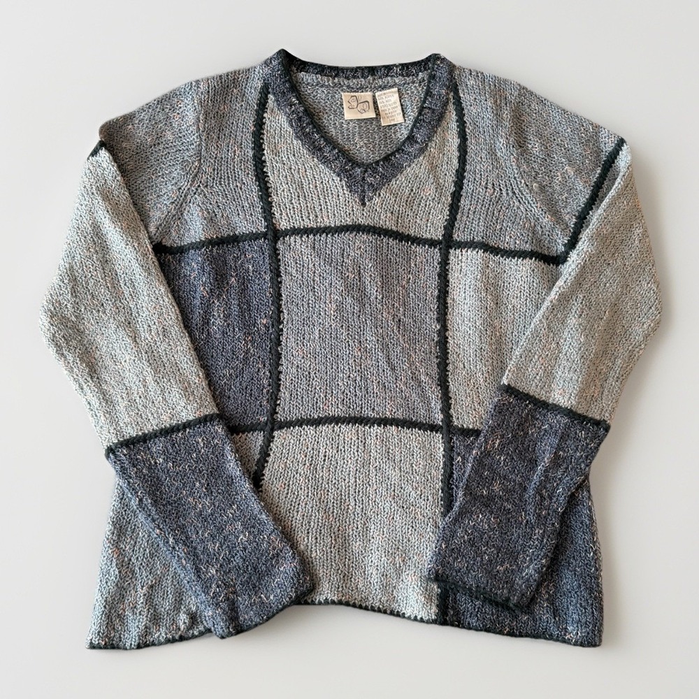 Fashion Bug Women's VTG Blue Patchwork‎ Knit Wool Blend Sweater Medium Cottage